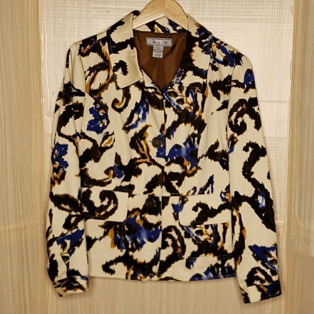 Birch Hill Womens Tan Watercolor Print Blazer Large